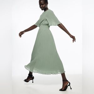 ZARA Pleated Midi Dress - Sage Green